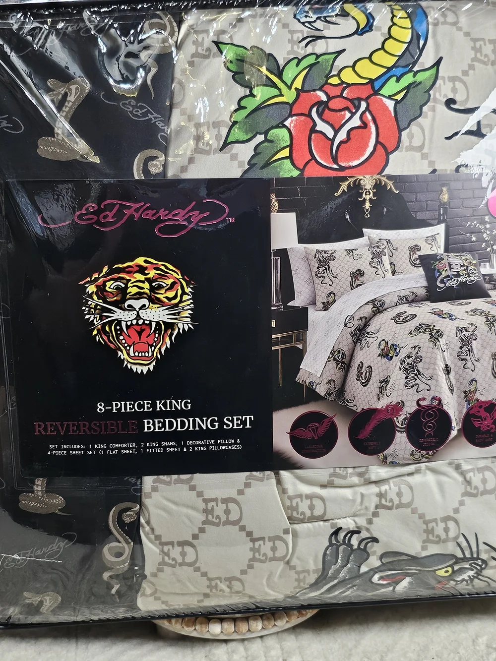 Ed Hardy 8-Piece King Reversible Bedding Set with snake and roses panthers